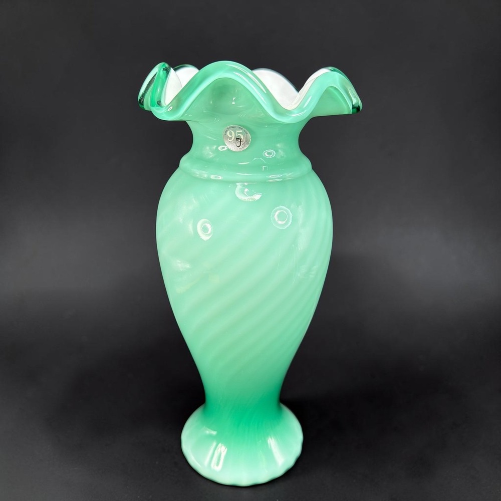 Fenton Seafoam Green Opalescent Swirl Ruffled Vase 95th‎ Anniversary 10.5inch